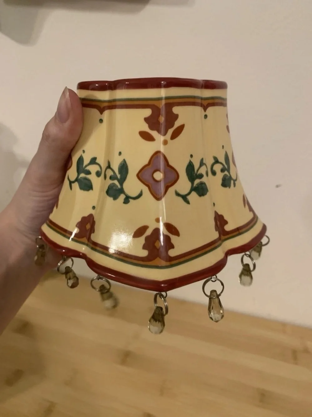 Ceramic candle lamp Floral Pattern w/ Hanging Crystal Drops vintage